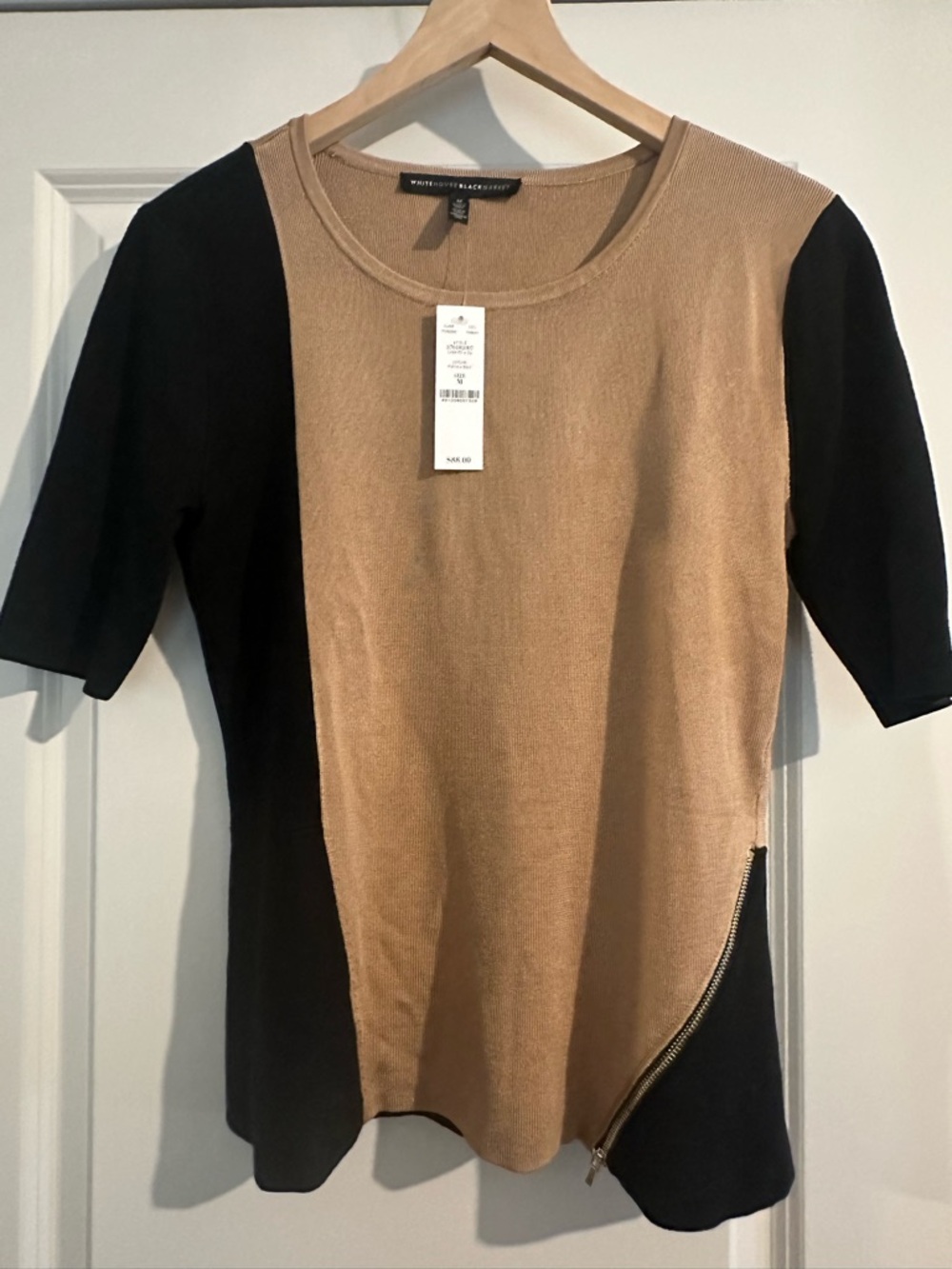 White House Black Market Camel and Black Colorblock Short Sleeve Top - Picture 2 of 4